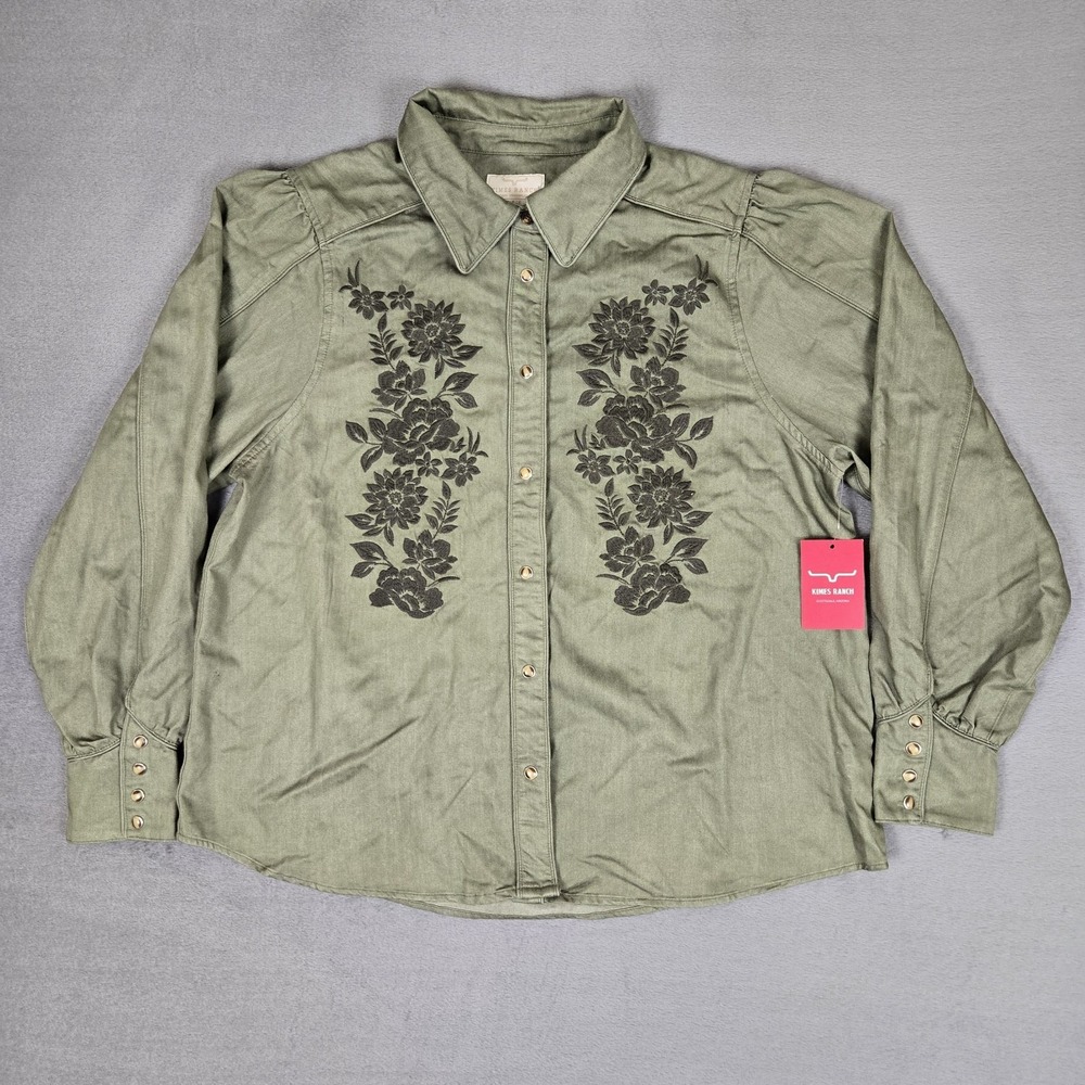 Kimes Ranch Mae Blouse Womens Large Embroidered Western Top Long Sleeve Olive